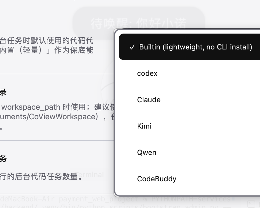 设置中选择后台代码代理提供方:Builtin、codex、Claude、Kimi、Qwen、CodeBuddy